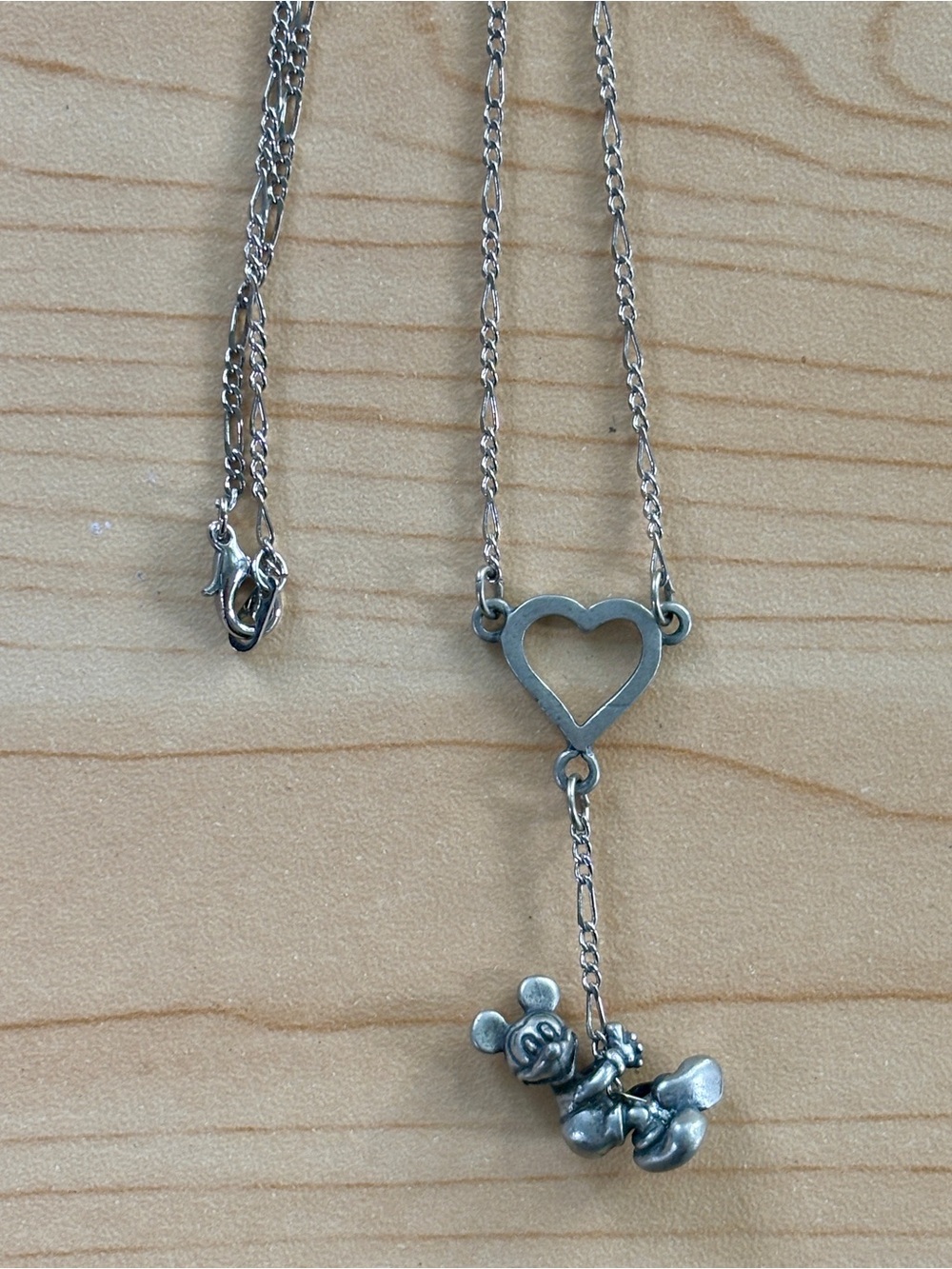 Elegant Hanging Mickey Mouse & Heart Silver-tone Y Necklace 1990s Vintage